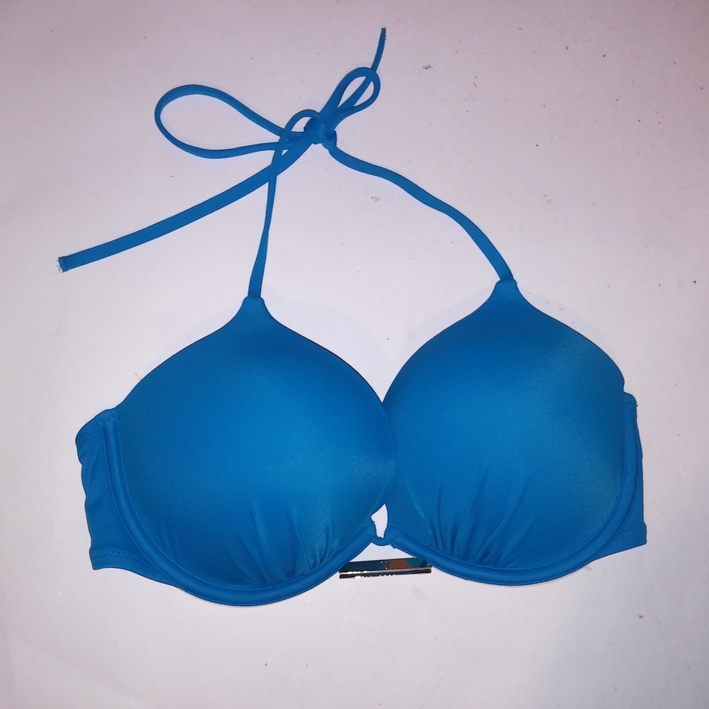 Victoria Secret Swim Bikini Top 32D Bombshell Push Up Solid Blue Adds 2 Cups